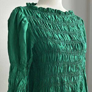 Cream Emerald Green Smocked Long-Sleeve Top with Ruffled Hem – EU 38